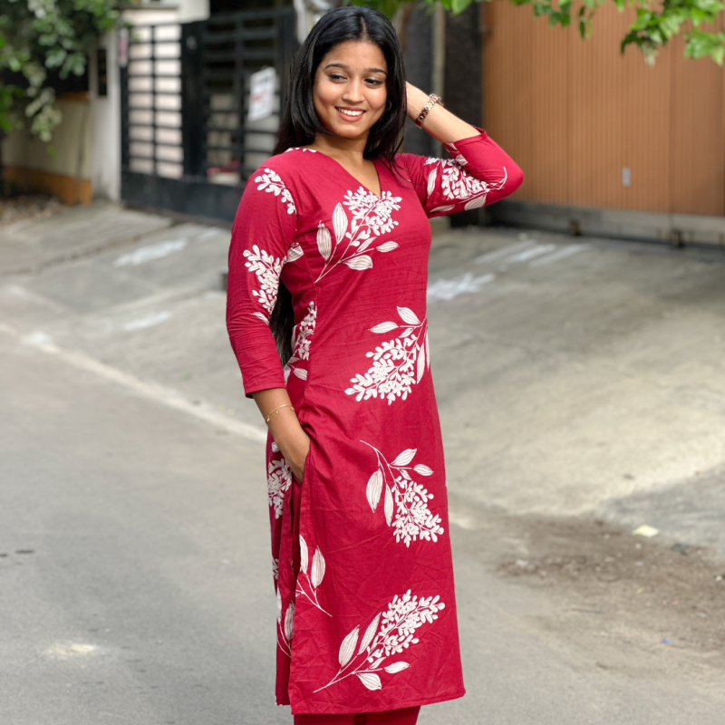 Maroon Floral Printed Kurta Pant Set for Women | Stylish Ethnic Wear